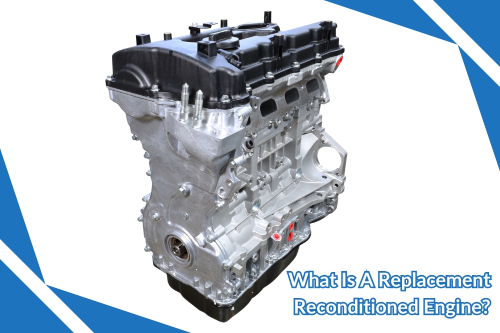 Replacement reconditioned engine showcasing a fully reconditioned long block engine with detailed components and metallic finish.